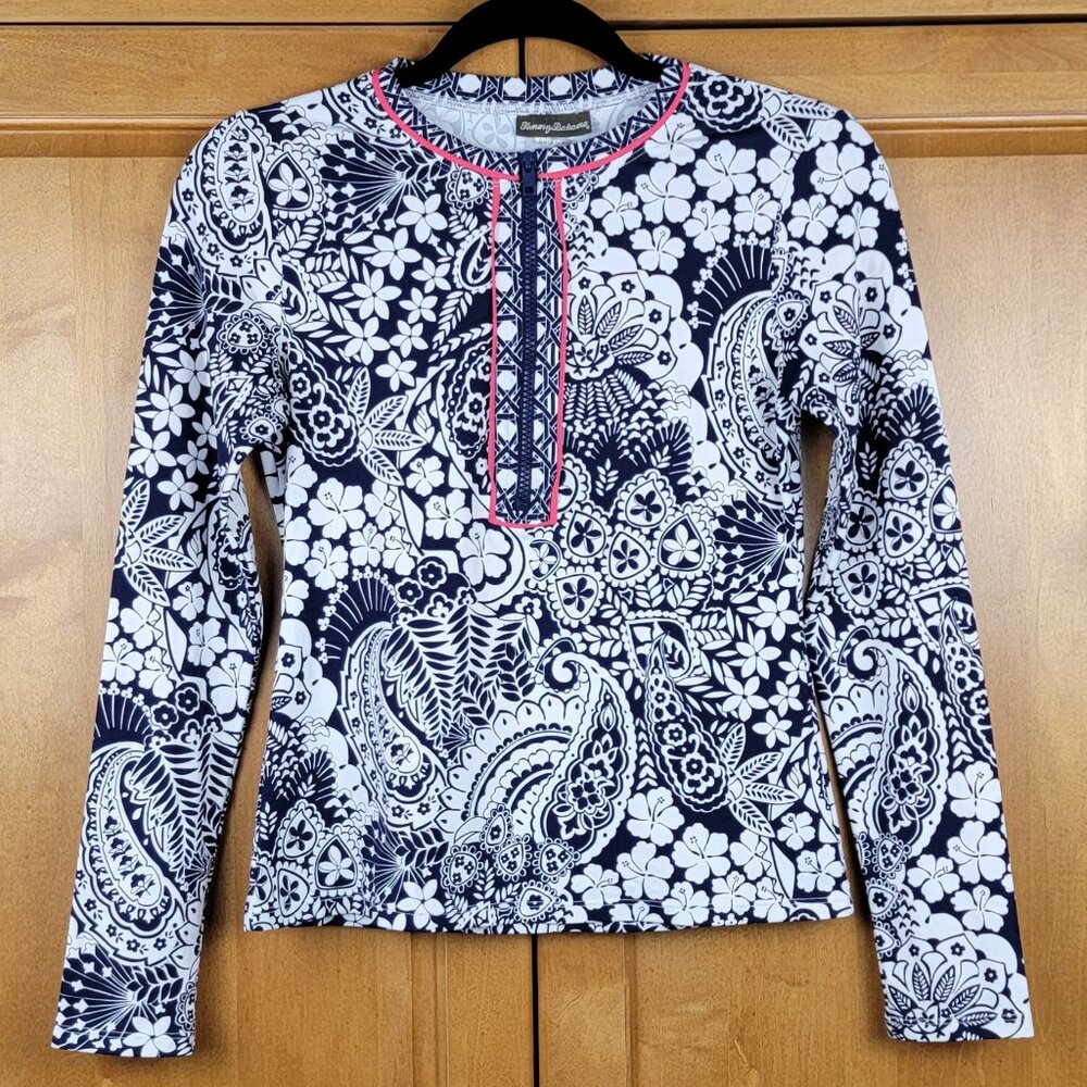 Tommy Bahama Paisley Paradise Navy & White Half Zip Rash Guard Swim Shirt - XS - Picture 2 of 10